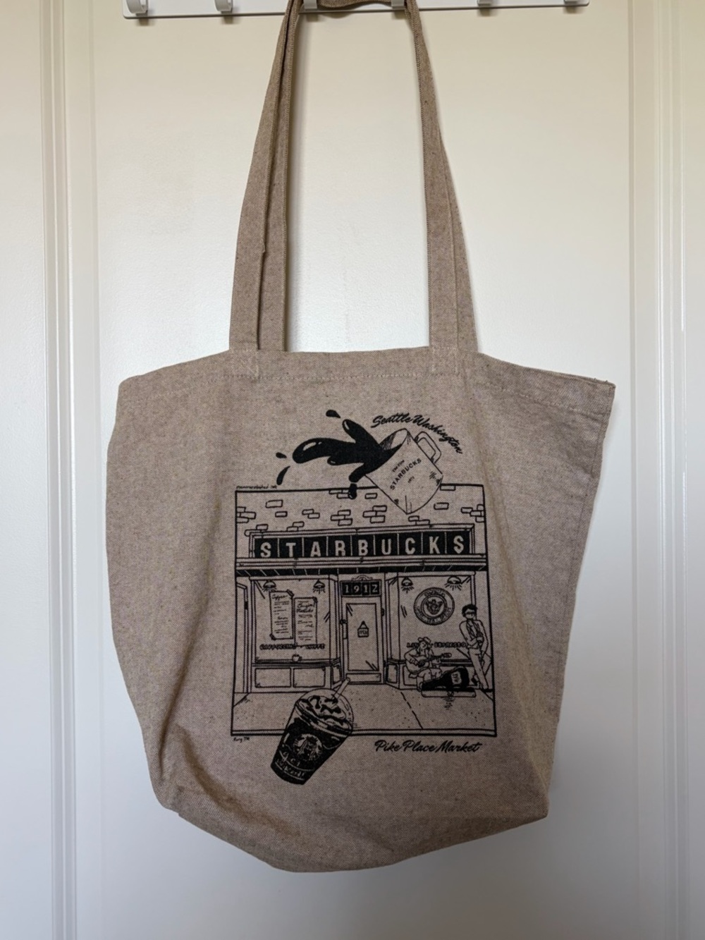 Starbucks Beige Canvas Tote with Vintage Sbux Illustration